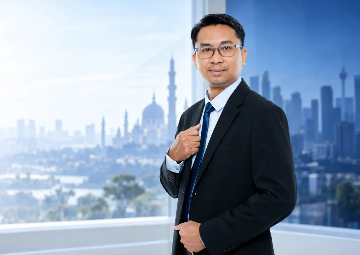 Nik Suhaimi dengan latar bandar dan masjid